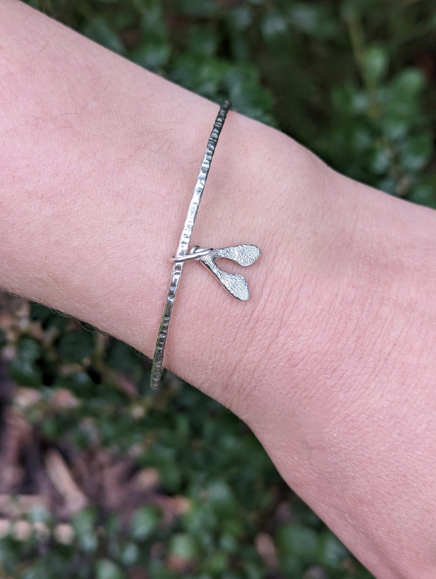 Sterling Silver Textured Bangle with Sycamore seed Charm