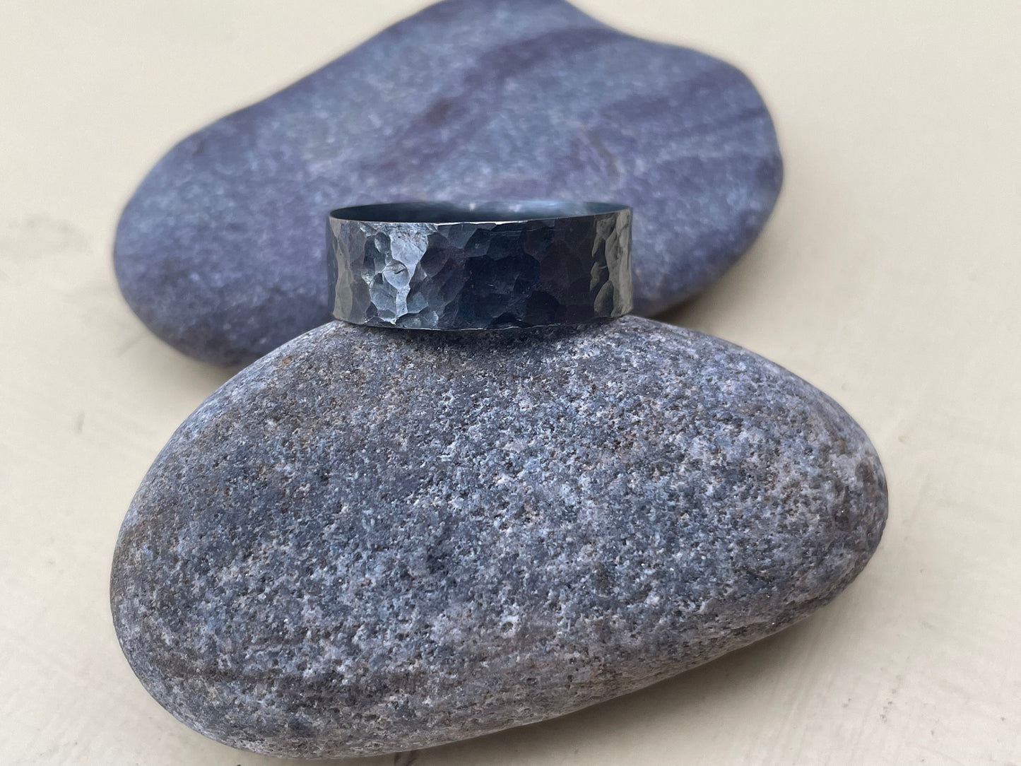 Sterling Silver Mens Oxidised Hammered Ring