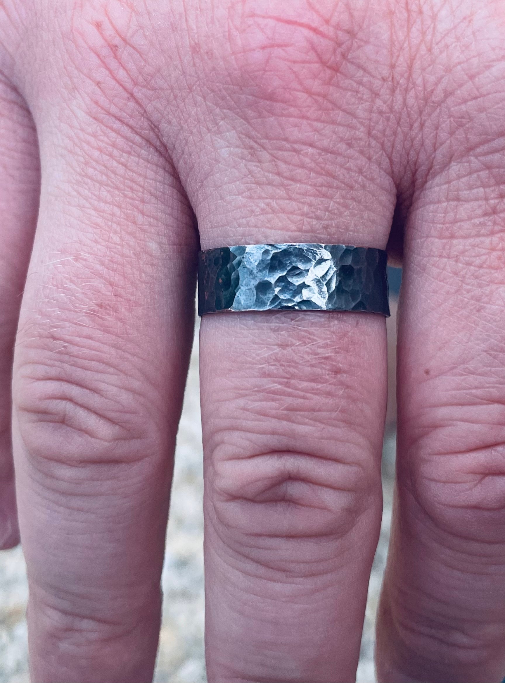 Handmade hammered outlet and oxidised sterling silver ring